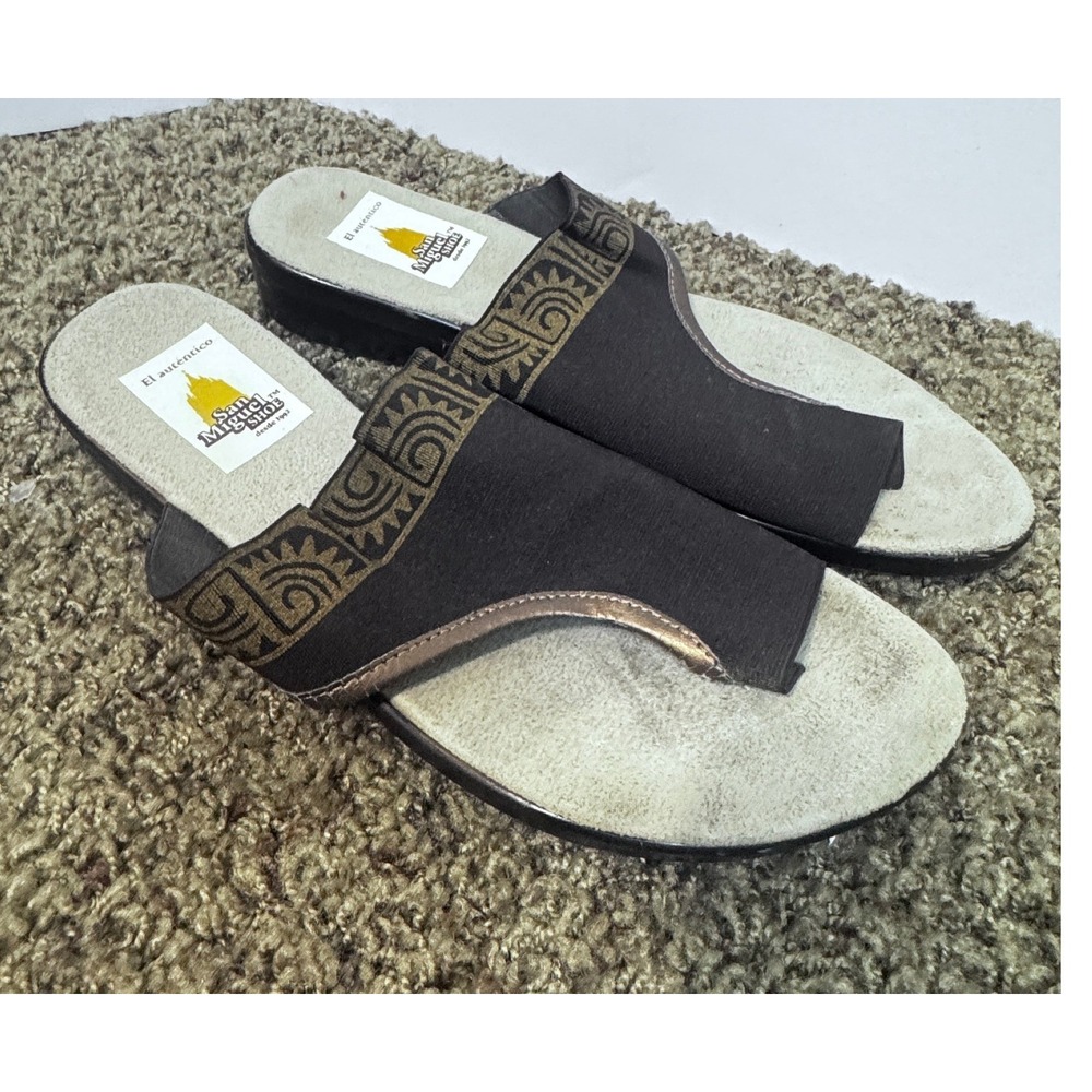 San Miguel Mexico brown leather sandals slip on low wedge lightweight womens 9